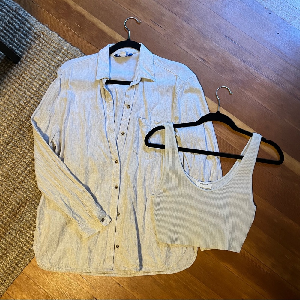 Aritzia Light Beige Button-Up Shirt and Ribbed Tank Set